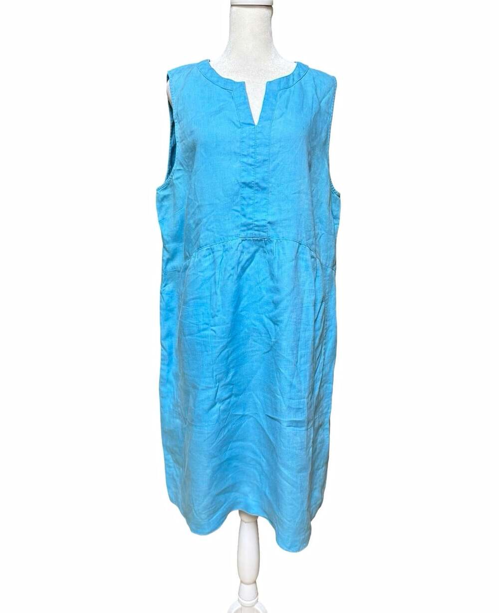 J.Jill Women Large 100% Linen Sleeveless Dress Turquoise Blue Pockets